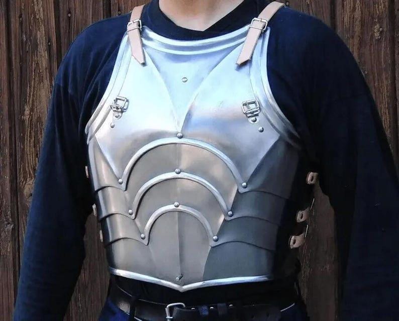 Front and back view of polished steel cuirass with adjustable straps