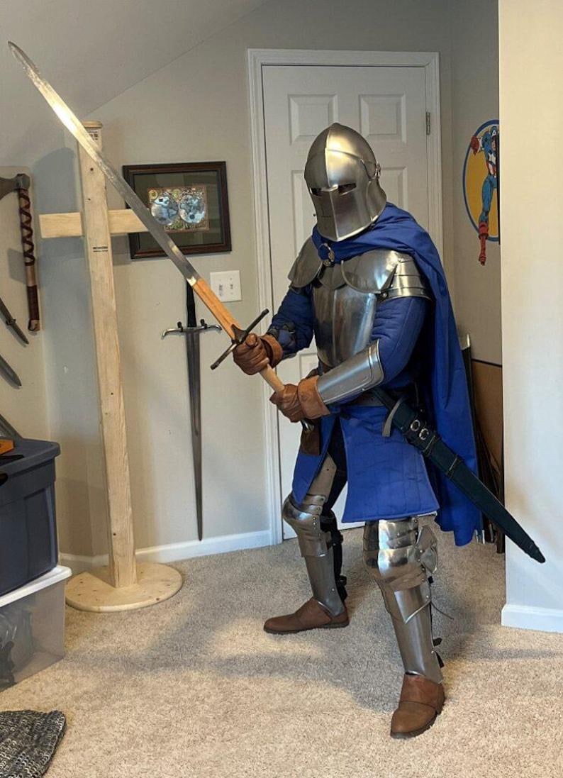 Full body medieval Barbuta knight armor suit made of polished 18 gauge steel.