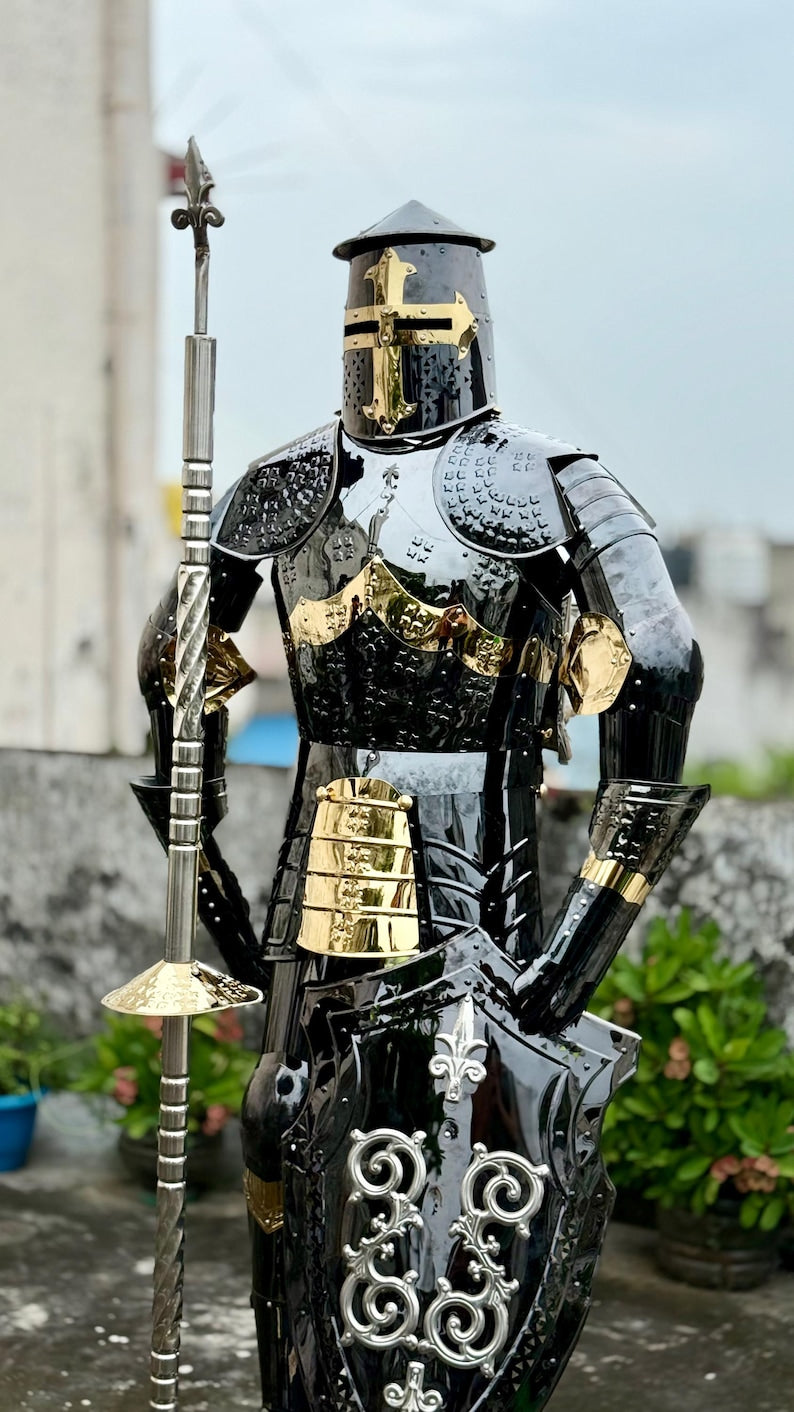 Display-Ready Full Body Black Crusader Knight Armor on Wooden and Iron Stand for Home or Museum