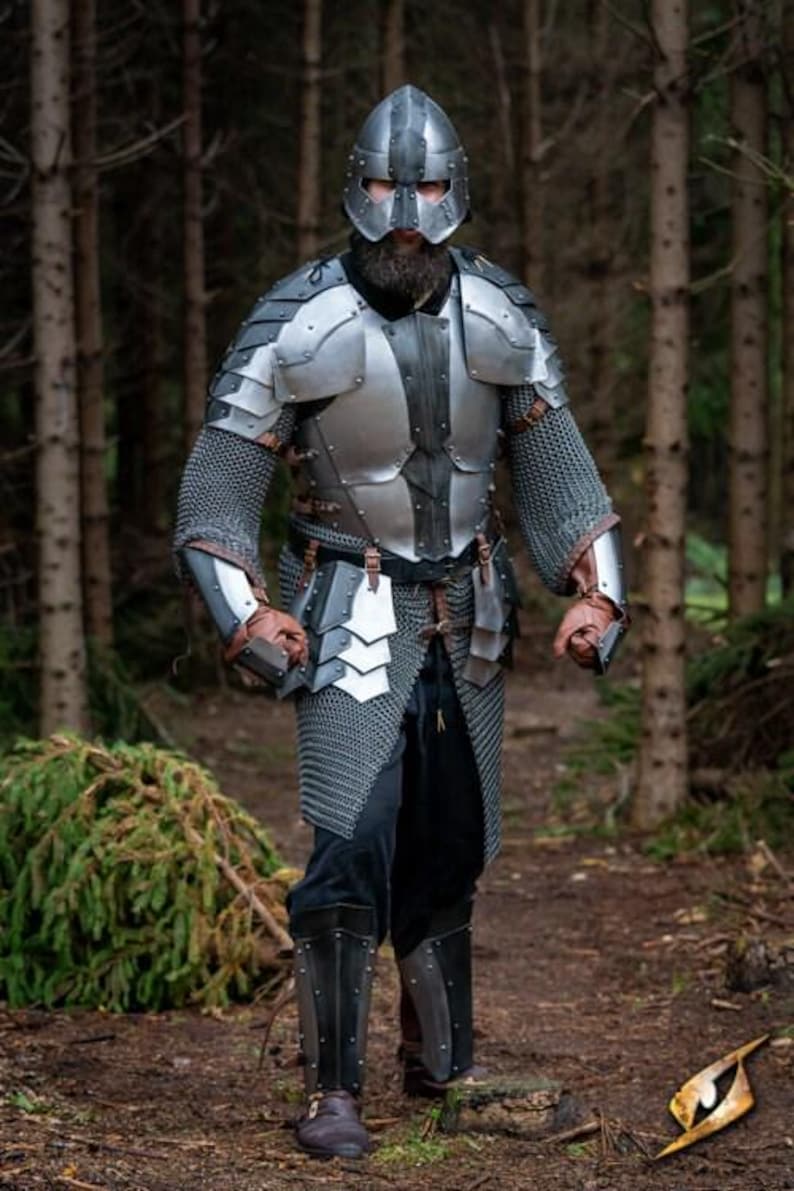 Full body LARP-ready steel armor suit with greaves, cuirass, and helmet