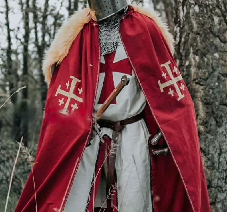 Complete Crusader knight armor costume with gauntlets, armor cape, and medieval sword.