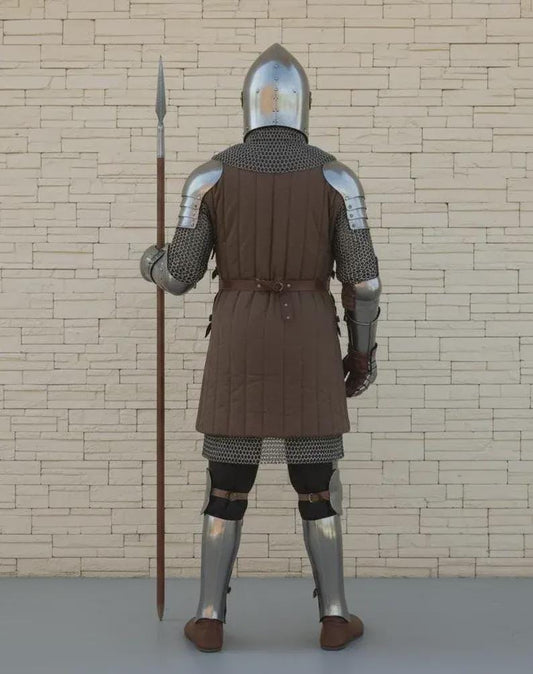 Full medieval Crusader armor front view with Gothic steel plate design and chainmail accents