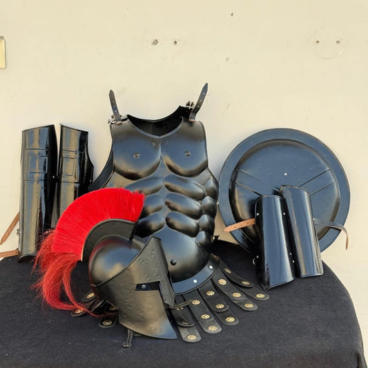Full Muscle Black Spartan Set King Leonidas helmet with black antique finish