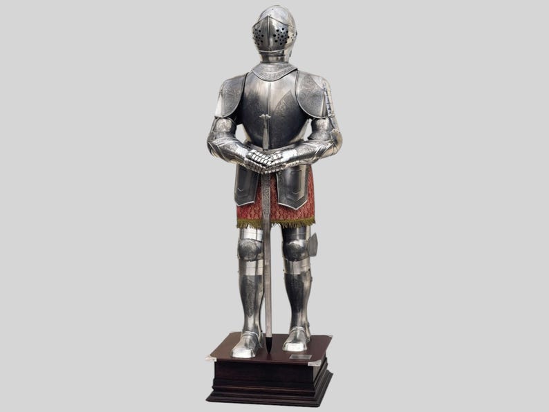 Full Size Knight Etched Spanish Suit of Armour front view with sword and stand