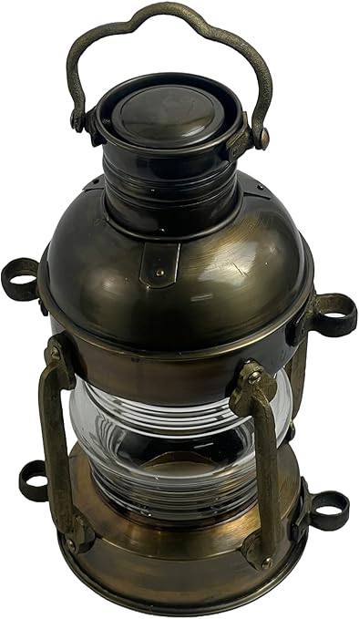 Functional collectible light glowing with warm oil flame, ideal for outdoor patios or nautical events
