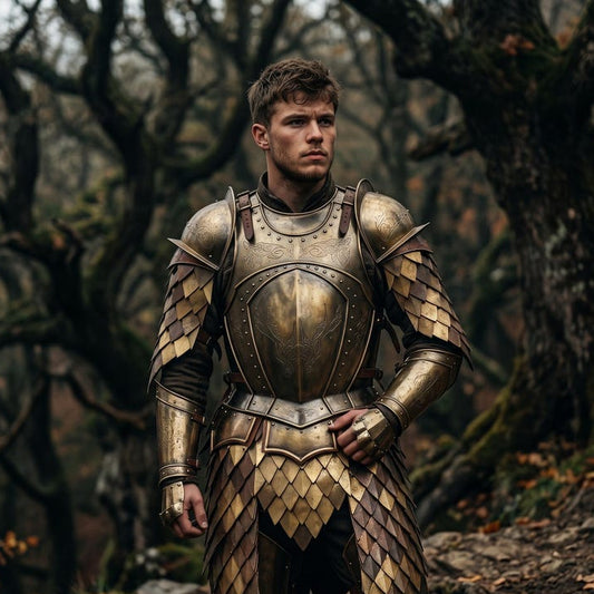 Game of Thrones cosplay armor suit with medieval knight armor design, golden steel breastplate, leather straps, and authentic royal guard styling.