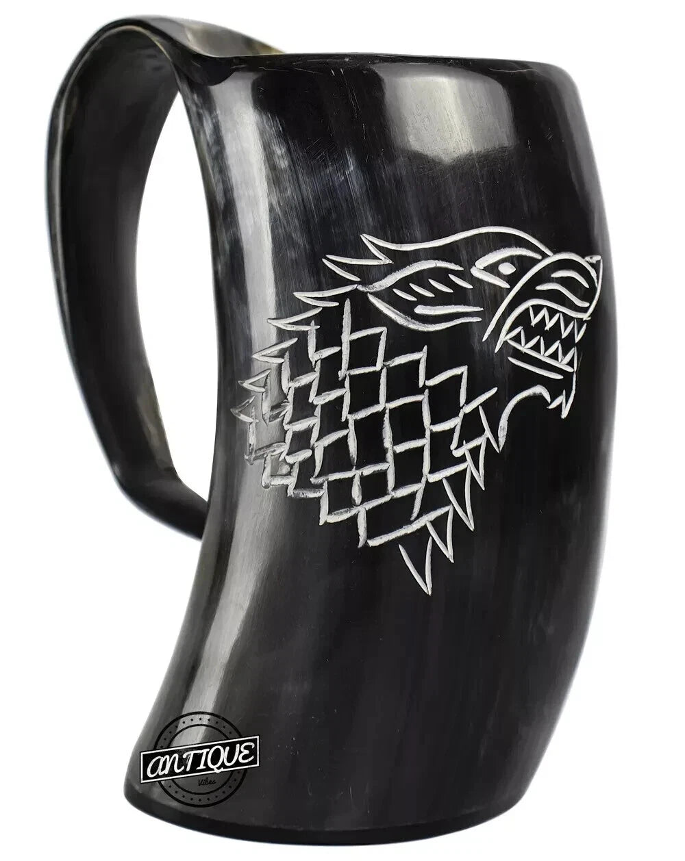 Game of Thrones wolf carved Viking drinking horn mug holding beer
