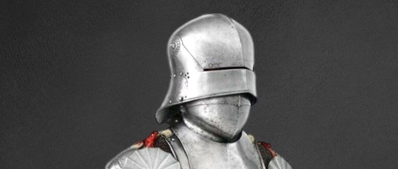 Close-up of Gothic-style helmet – 15th Century knight armor headpiece by Artisans Hub