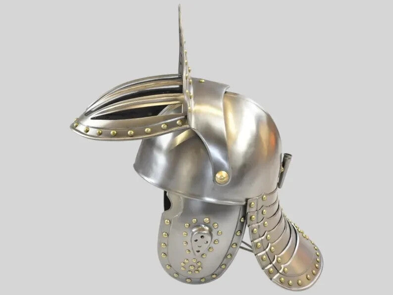 Helmet view of 15th Century Beetle Armor – Gothic visor with historical detailing by Artisans Hub
