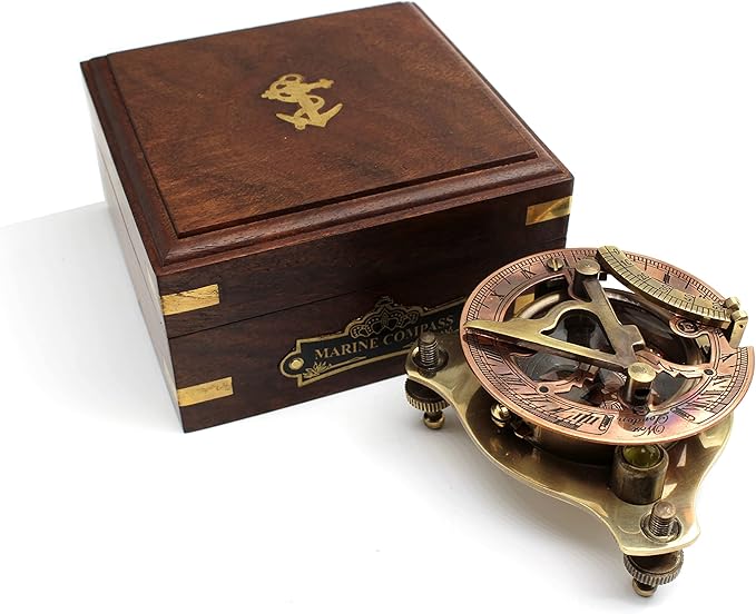 Vintage brass sundial compass in gift box for collectors and adventurers