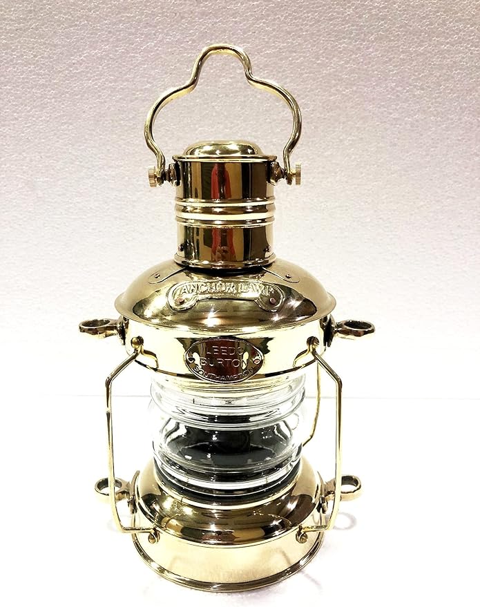 Side angle of shiny gold brass electric boat lantern showing E12 bulb holder