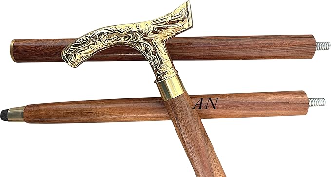 Golden brass handle walking stick with durable beech wood shaft