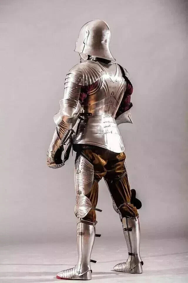 Rear view of Gothic full-body Crusader armor suit with steel construction and leather fastenings by Artisans Hub.