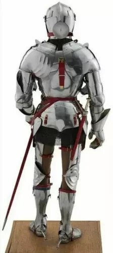 Rear view of wearable full-body Crusader knight armor in Gothic style with leather strapping and polished steel, made by Artisans Hub.