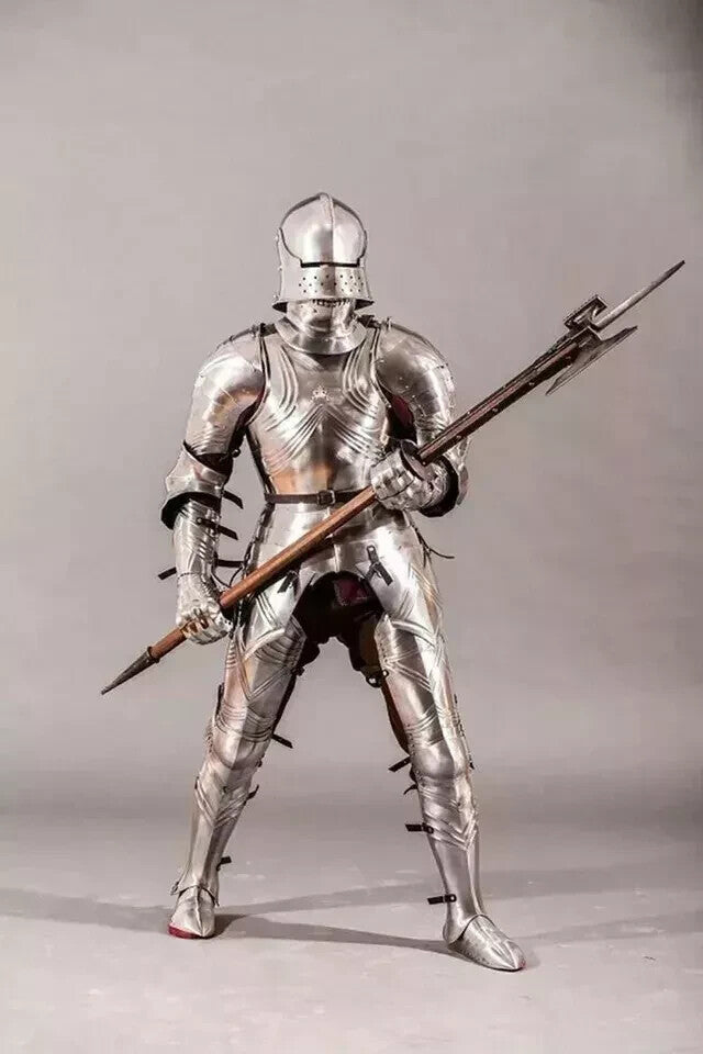 Close-up of Gothic-style Crusader helmet with polished steel finish and handcrafted detail by Artisans Hub.