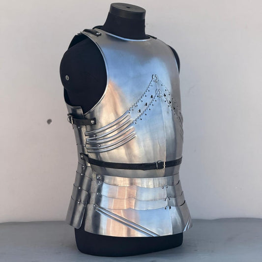 Side profile of gothic-style LARP breastplate with adjustable leather straps and steel construction
