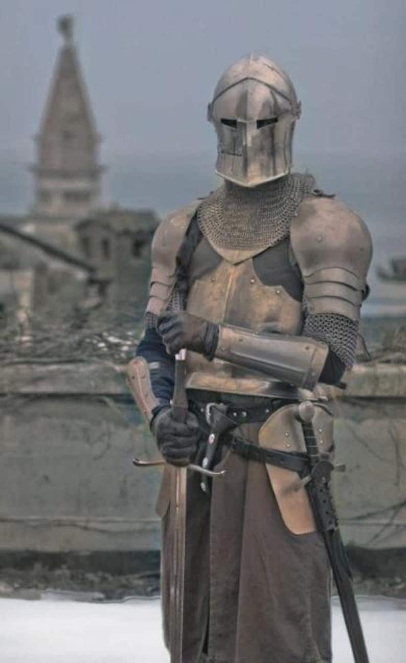 Gothic-style full body knight armor set with Barbuta helmet made from 18 gauge polished steel.