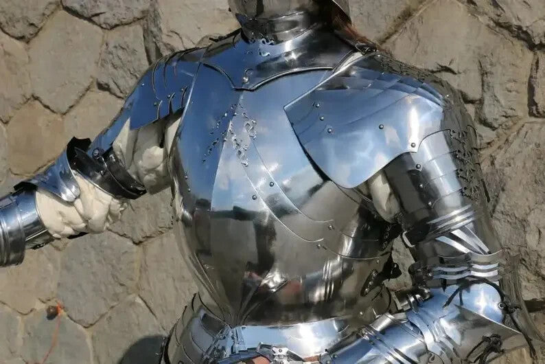 Chestplate view of the Medieval Gothic Full Body Armor – Free-size steel armor by Artisans Hub