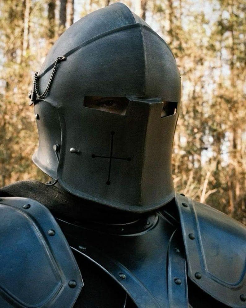 Gothic black knight armor with cuirass, bracers, pauldrons, and gorget for full upper body defense.