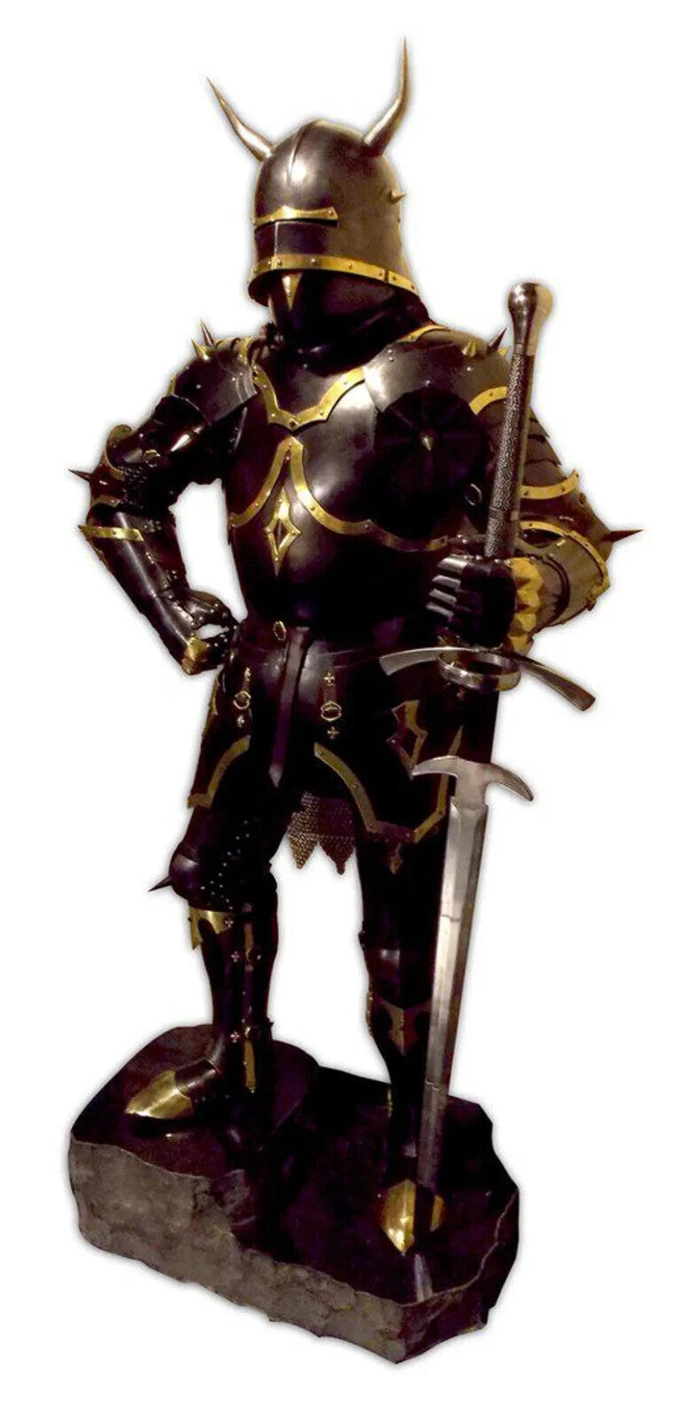 Front view of the full body Gothic knight armor featuring 15th-century design, made from 18-gauge steel and adjustable leather straps, by Artisans Hub.