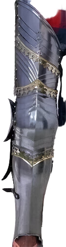 Close-up of handmade gothic knight armor set in 18 gauge steel showing detailed craftsmanship