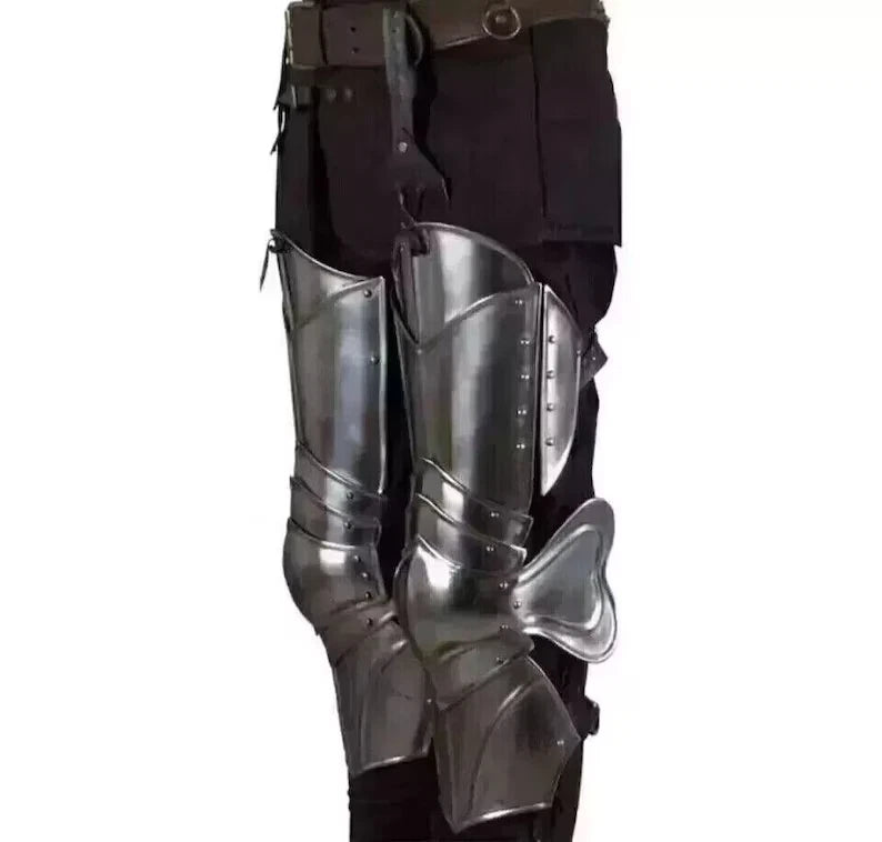 Gothic-style knight leg guard set for cosplay and Halloween costume