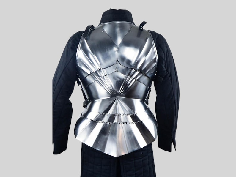 Side profile of Gothic LARP armor with adjustable leather straps and steel construction