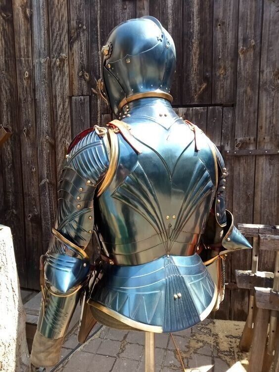 Back view of Gothic 15th-century half body knight armor suit with helmet, pauldrons, and breastplate, handcrafted by Artisans Hub.