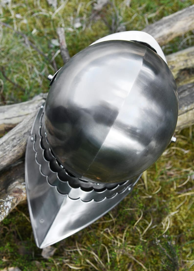 Gothic Sallet Helmet on Wooden Stand – Medieval Decor & Collector's Item