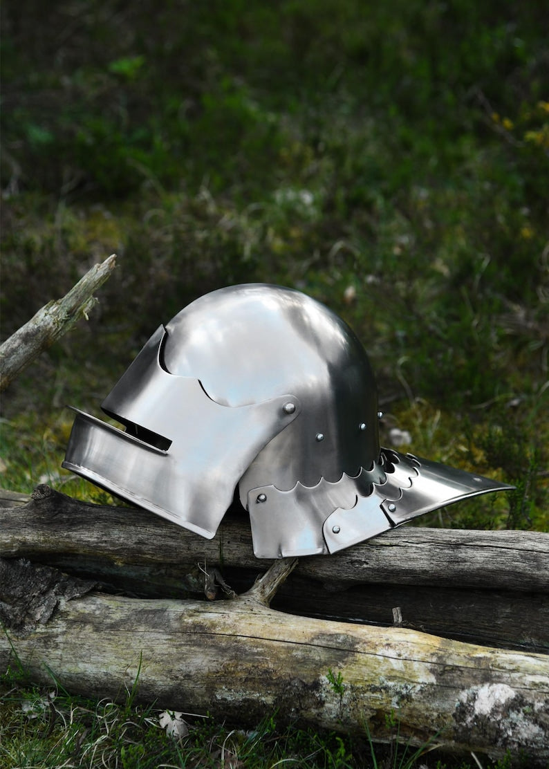 Person wearing Gothic Sallet Helmet for LARP – Authentic Medieval Headwear