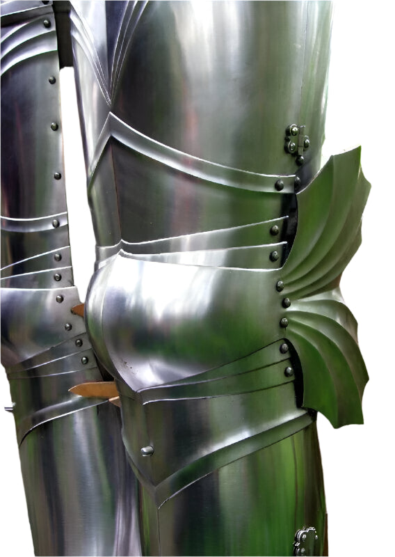 Close-up of Gothic-style steel leg guards with knee and greaves for LARP reenactment