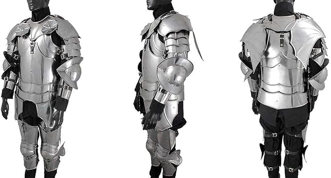 Detailed view of Gothic wearable LARP suit of armor with polished steel finish, handcrafted by Artisans Hub for cosplay, reenactments, and medieval displays.