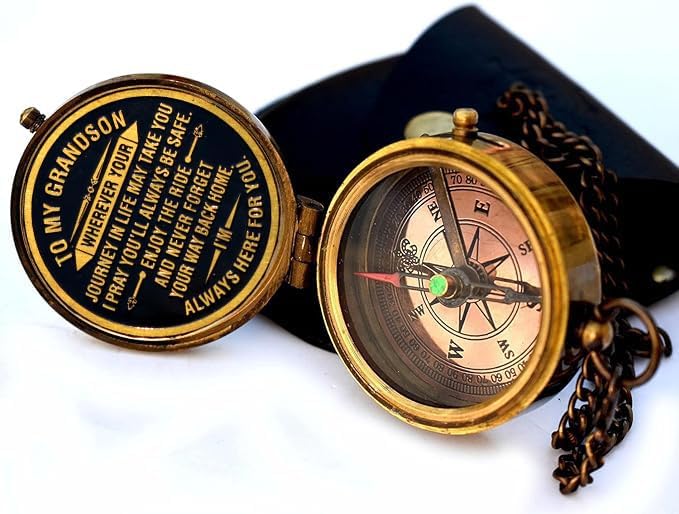 Engraved brass compass for grandson with hand-stitched leather case