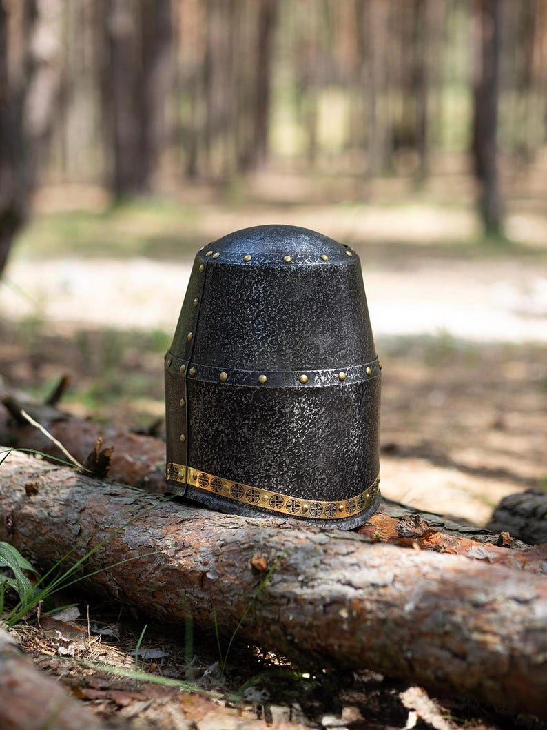 Steel great helmet ideal for historical events, cosplay, and display use