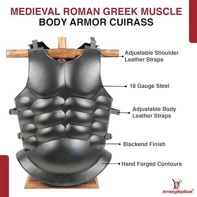 Backplate of handcrafted Medieval Greek Roman body armor cuirass with cowhide straps
