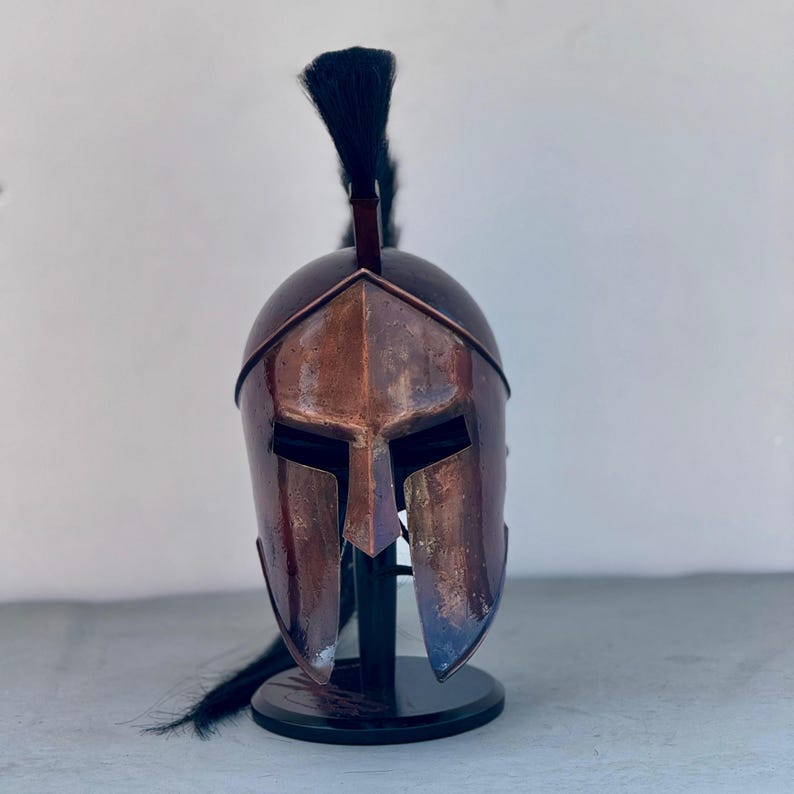 Handmade Greek warrior helmet replica with wooden stand – perfect for historical reenactment and display