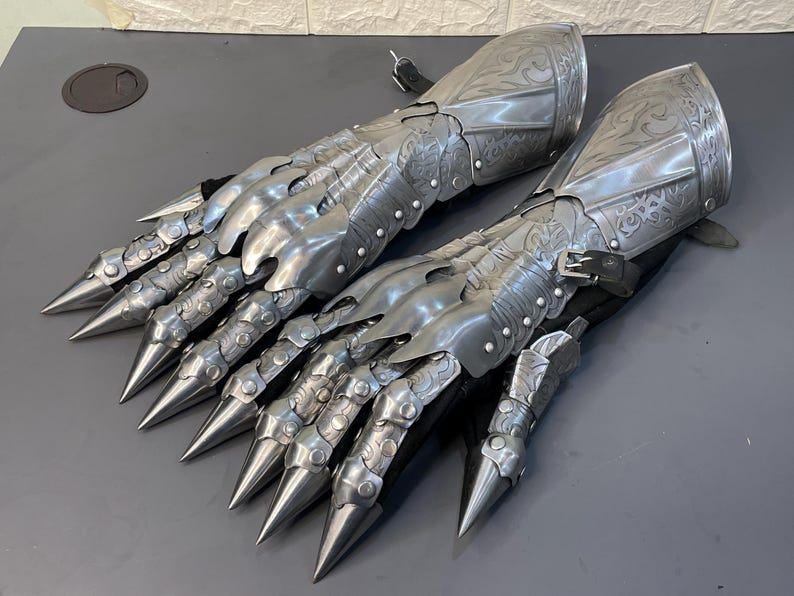 Halloween LARP gauntlet gloves with intricate Nazgul etching and adjustable strap