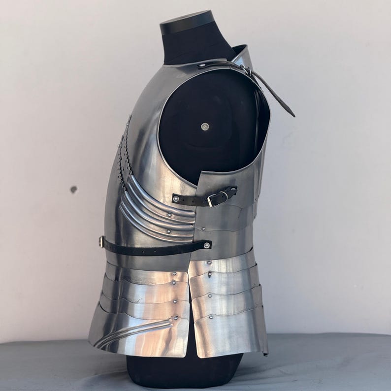 Close-up detail of Halloween medieval armor costume featuring 18-gauge mild steel cuirass