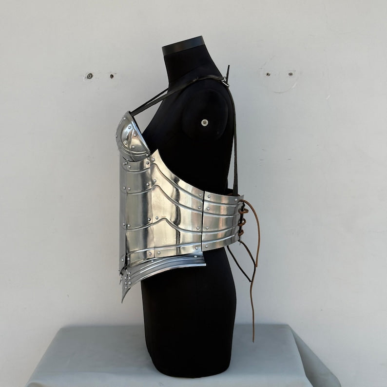 Handcrafted female fantasy steel armor with rust-free coating and rolled edges