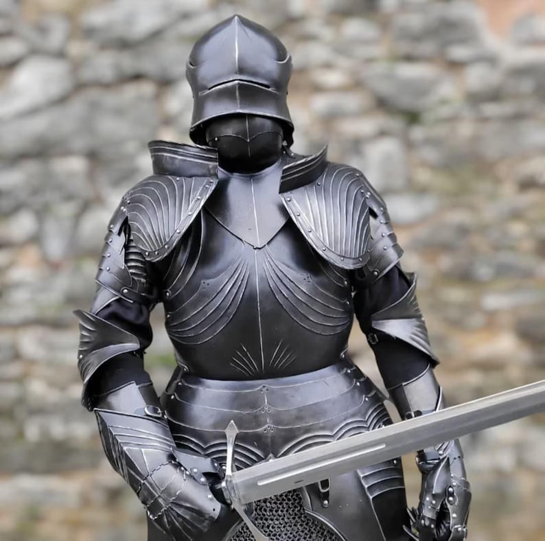 Front view of Handcrafted Gothic Knight Full Body Armor Suit with black antique finish