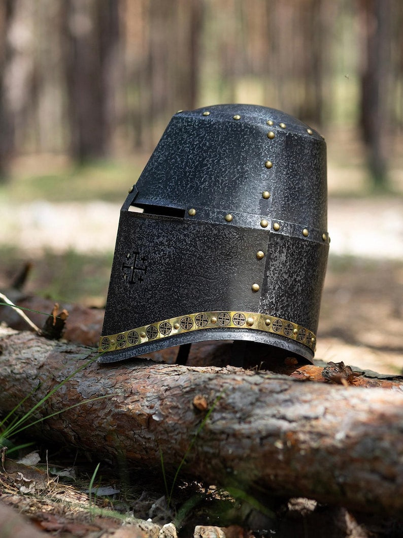 Close-up of handcrafted medieval great helmet made of 18 gauge steel