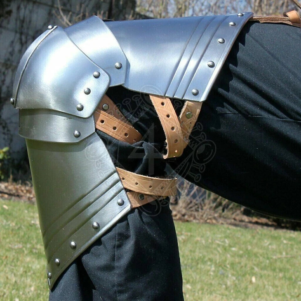 Handcrafted medieval leg armor set providing full front and back leg protection