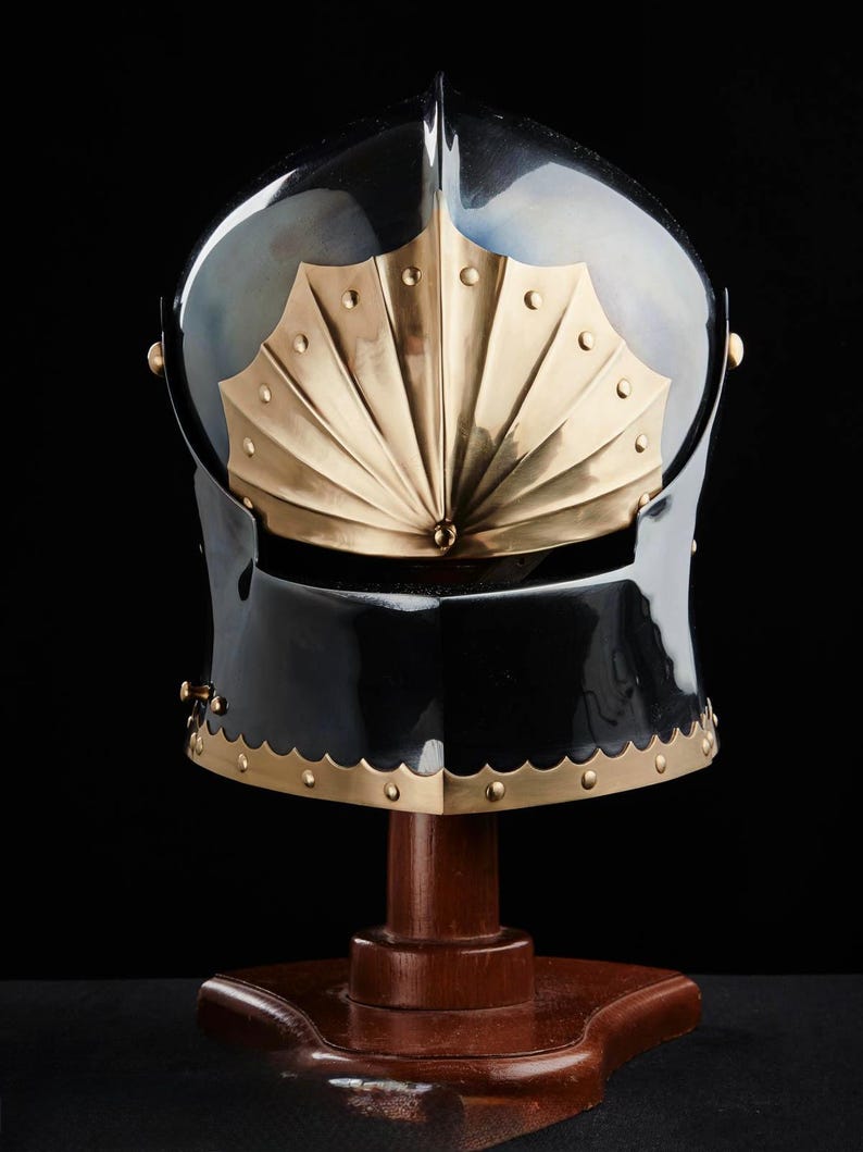 Side angle of handcrafted medieval German Sallet helmet for reenactments