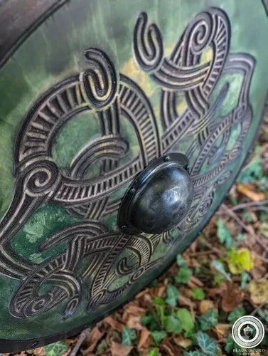 Side angle of 22" medieval Viking shield showcasing handcrafted woodwork