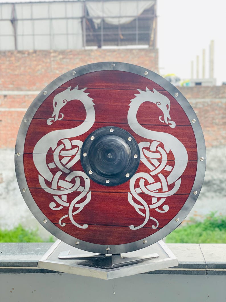 Handcrafted Norse Wooden Shield – Serpent Wooden Shield for Viking Cosplay and LARP