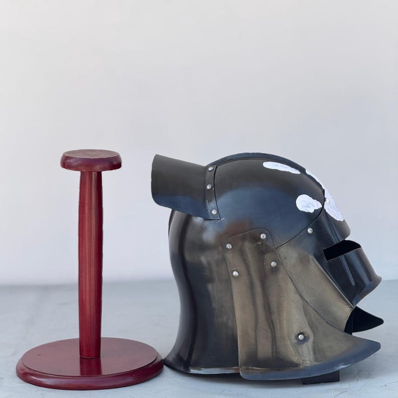 Handcrafted detail of Uruk Hai warrior helmet made from 18-gauge mild steel