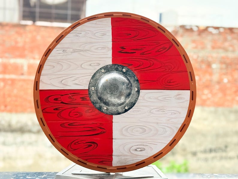 Handcrafted Wooden Viking Shield with Steel Boss and Border – LARP Cosplay Prop