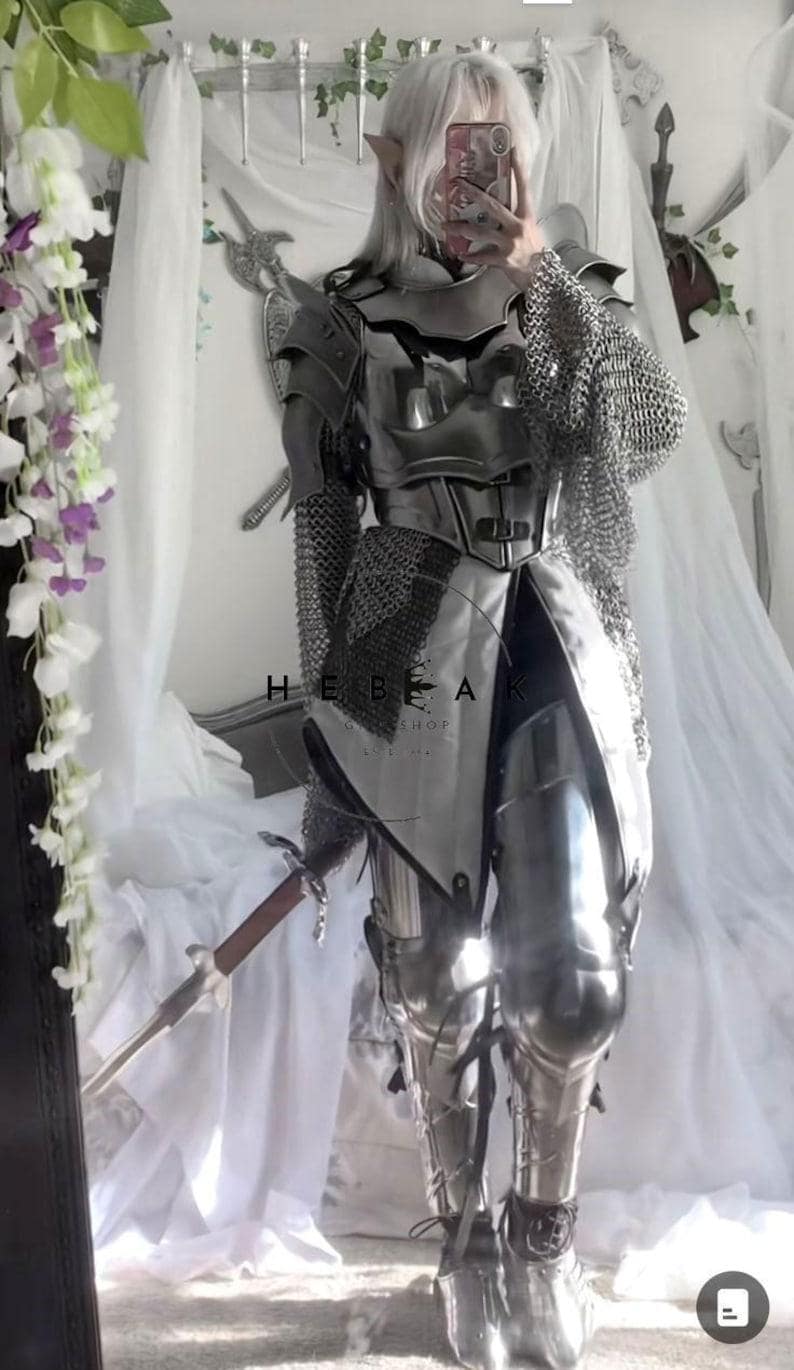 Handmade full steel battle armor for women with custom-fit leather straps, designed for cosplay, fantasy events, and Renaissance fairs.