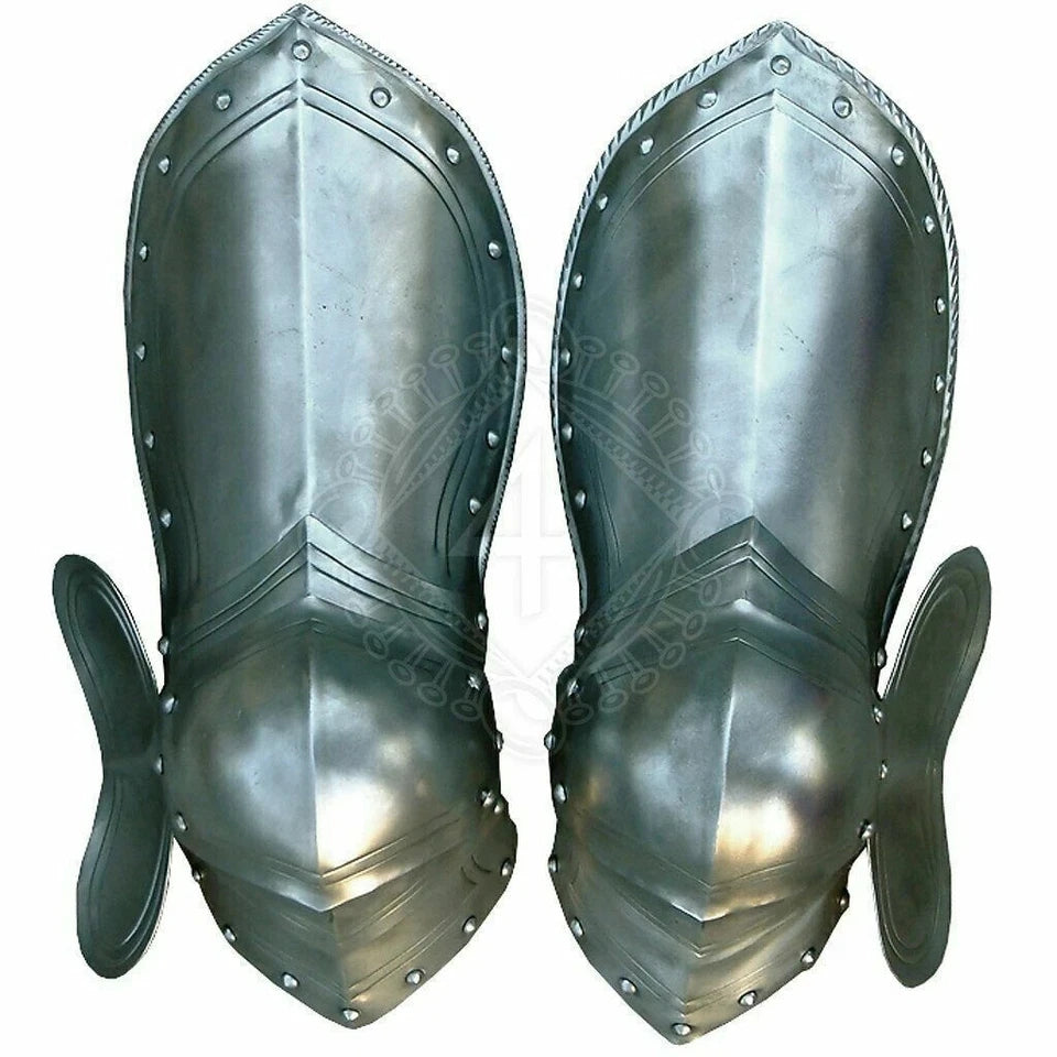 Handmade 18 gauge steel leg guards with Spartan-style antique finish