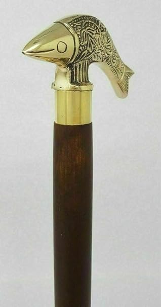 Handmade Antique Style Brass Fish Handle Walking Cane